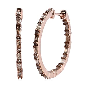 Natural Champagne Diamond Hoop Earrings in Vermeil Rose Gold Over Sterling Silver 1.00 ctw