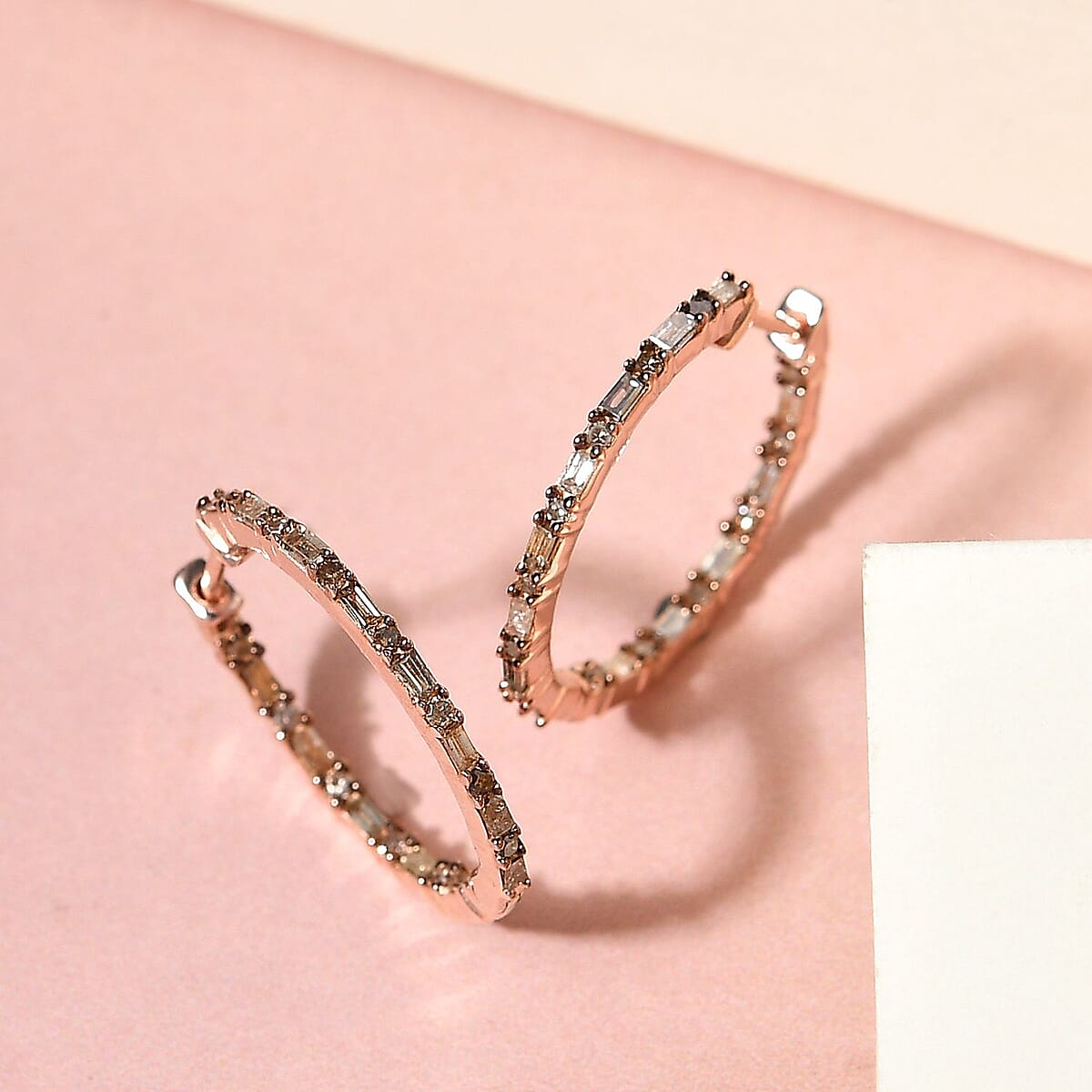 Natural Champagne Diamond Hoop Earrings in Vermeil Rose Gold Over Sterling Silver 1.00 ctw image number 1