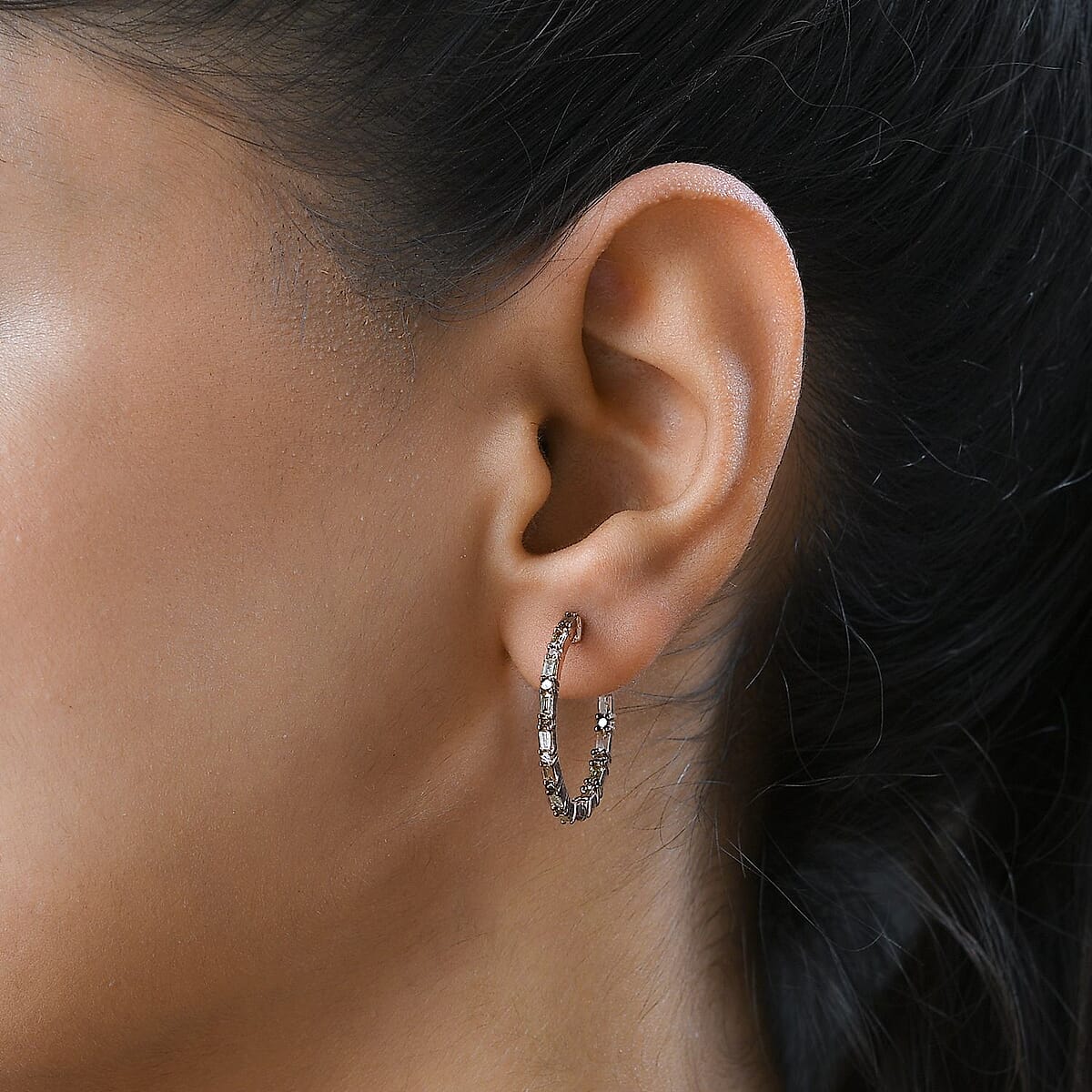 Natural Champagne Diamond Hoop Earrings in Vermeil Rose Gold Over Sterling Silver 1.00 ctw image number 2