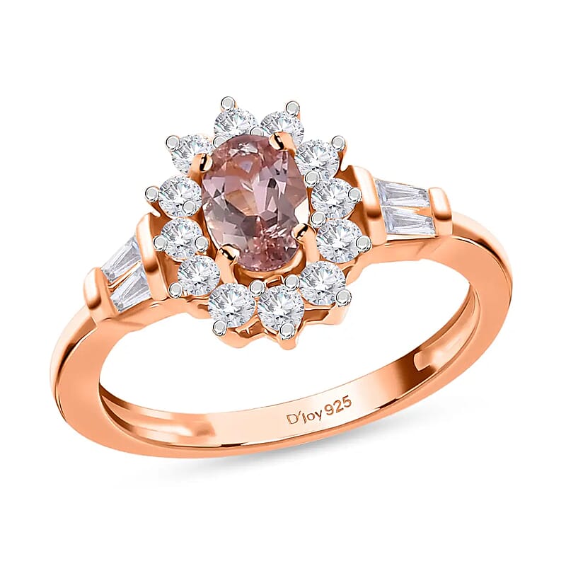 Blush Tourmaline Halo Ring, Sunburst Halo Ring, Tourmaline Ring, White Zircon Accent Ring, Vermeil RG Over Sterling Silver Ring, Wedding Ring 1.00 ctw