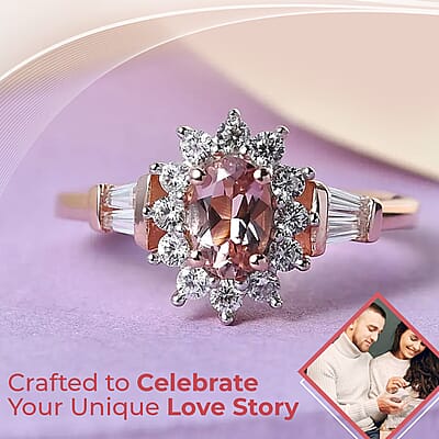 Blush Tourmaline Halo Ring, Sunburst Halo Ring, Tourmaline Ring, White Zircon Accent Ring, Vermeil RG Over Sterling Silver Ring, Wedding Ring 1.00 ctw