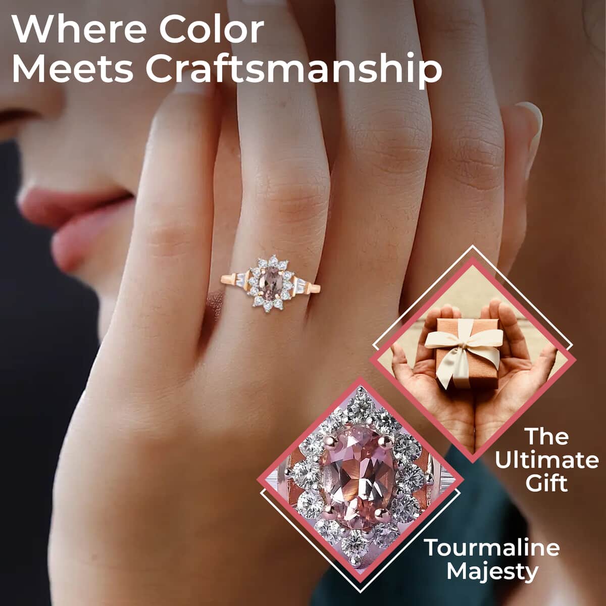 Natural Blush Tourmaline and Natural White Zircon Ring in Vermeil Rose Gold Over Sterling Silver 1.00 ctw image number 2