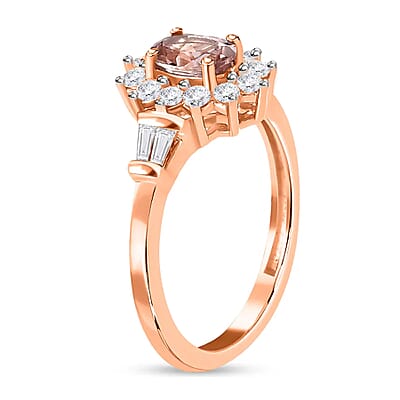Blush Tourmaline Halo Ring, Sunburst Halo Ring, Tourmaline Ring, White Zircon Accent Ring, Vermeil RG Over Sterling Silver Ring, Wedding Ring 1.00 ctw