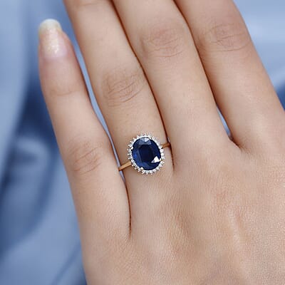 Premium Tanzanian Blue Spinel and Diamond 2.90 ctw Ring, Diamond Halo Ring, 10K Yellow Gold Ring (Size 6.0)