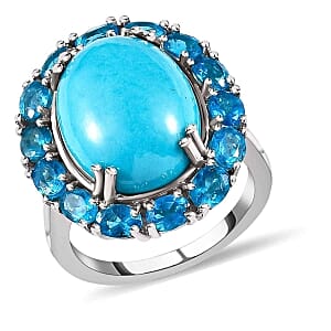 Sleeping Beauty Turquoise and Neon Apatite 10.39 ctw Cluster Ring in Platinum Over Sterling Silver (Size 11.5)