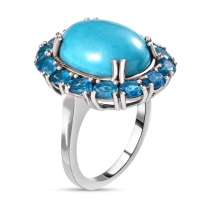 Sleeping Beauty Turquoise and Neon Apatite 10.39 ctw Cluster Ring in Platinum Over Sterling Silver (Size 11.5)