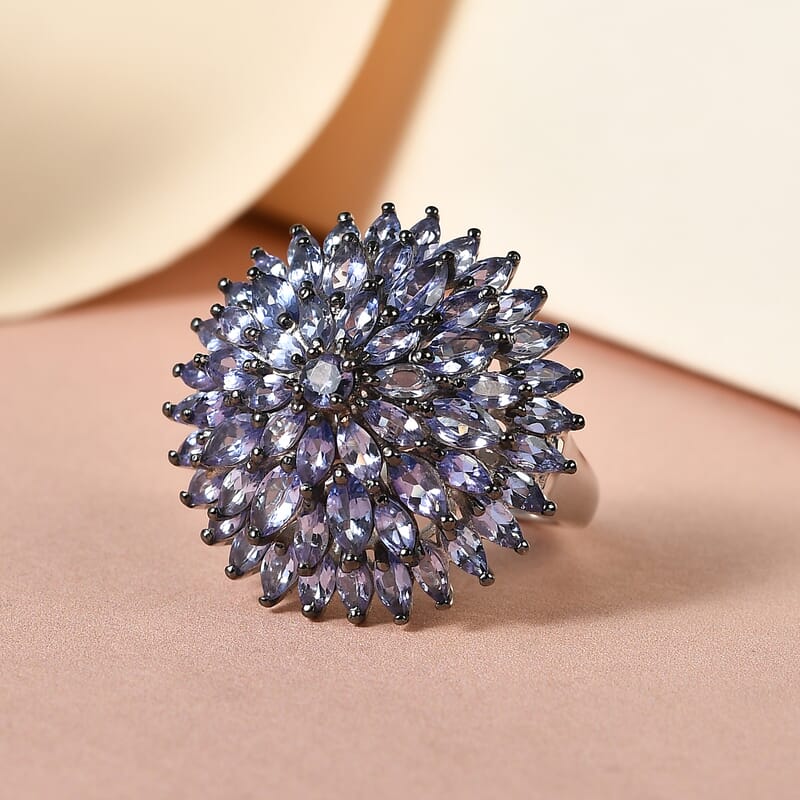 Tanzanite Floral Spray Ring in Platinum Over Sterling Silver (Size 10.0) 7.10 Grams 4.75 ctw