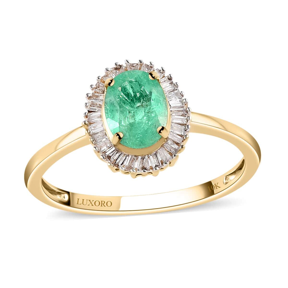 Luxoro 10K Yellow Gold Premium Boyaca Colombian Emerald and G-H I3 Diamond Halo Ring (Size 7.0) 1.10 ctw image number 0