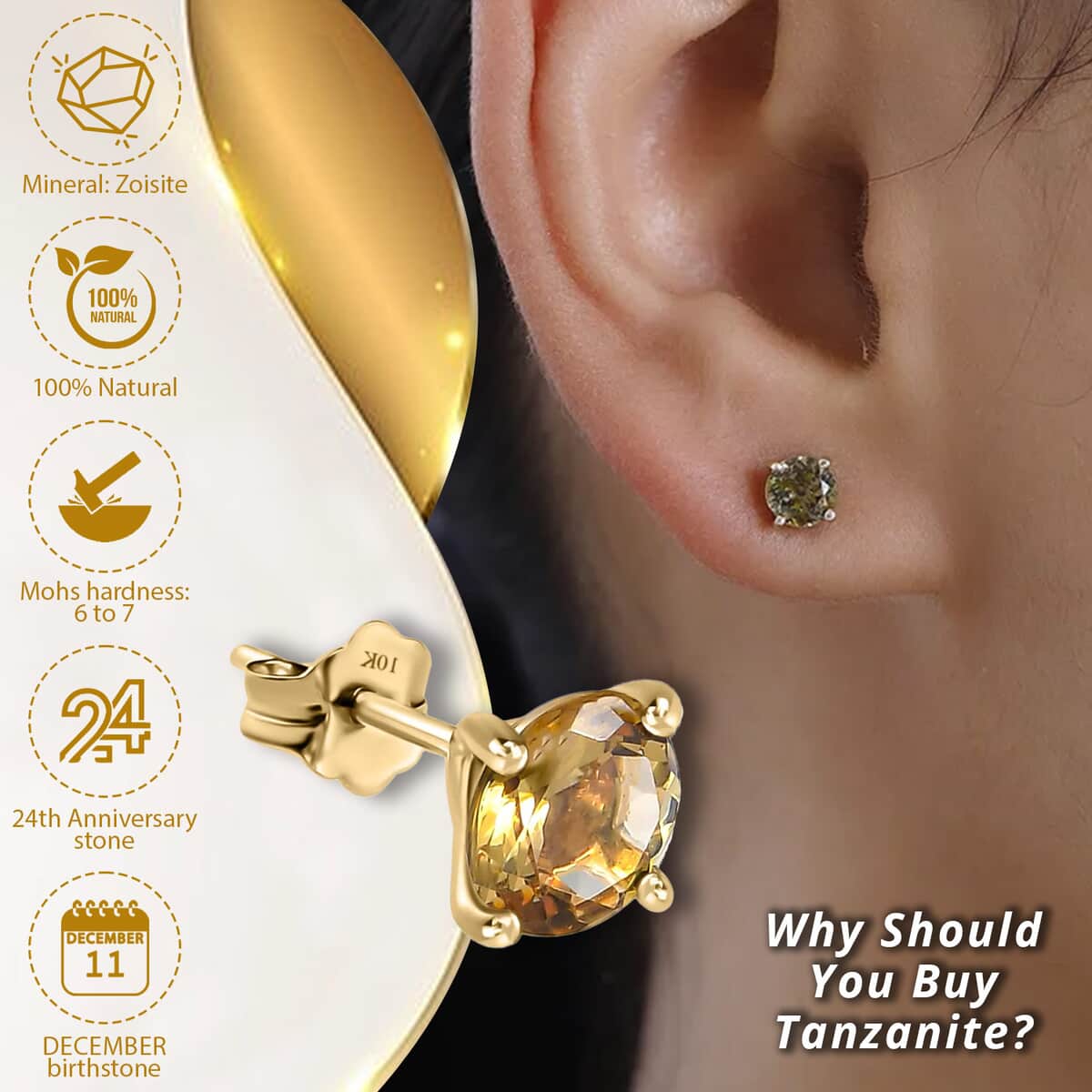 Luxoro Premium Golden Tanzanite Stud Earrings 10K Yellow Gold, Natural Tanzanite Solitaire Studs 1.50 ctw image number 2