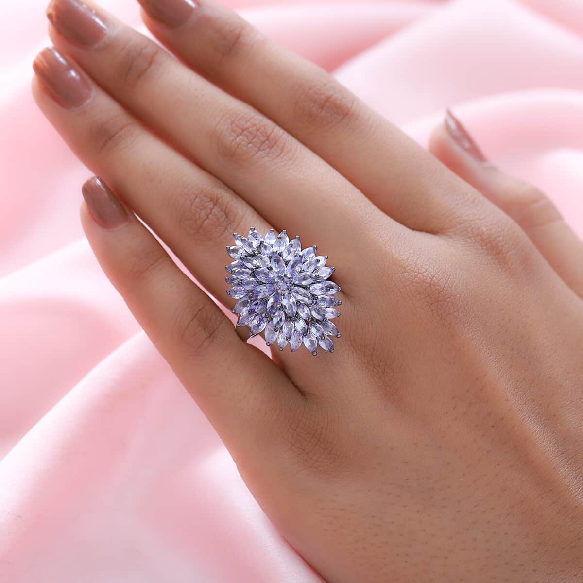 Tanzanite Floral Spray Ring in Platinum Over Sterling Silver (Size 7.0) 4.75 ctw image number 2