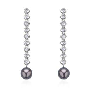 Tahitian Cultured Pearl 8-9mm and Natural White Zircon Earrings in Rhodium Over Sterling Silver 0.90 ctw