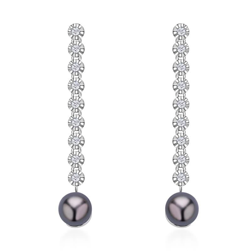 Tahitian Cultured Pearl Drop Earrings, White Zircon Accent Earrings, Rhodium Over Sterling Silver Earrings, Pearl Earrings, Pearl Jewelry For Her  0.90 ctw