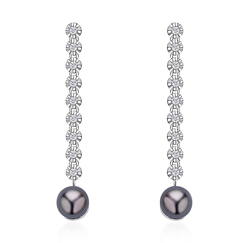 Tahitian Cultured Pearl Drop Earrings, White Zircon Accent Earrings, Rhodium Over Sterling Silver Earrings, Pearl Earrings, Pearl Jewelry For Her  0.90 ctw