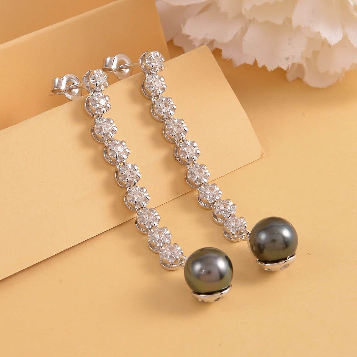Tahitian Cultured Pearl 8-9mm and Natural White Zircon Earrings in Rhodium Over Sterling Silver 0.90 ctw image number 1