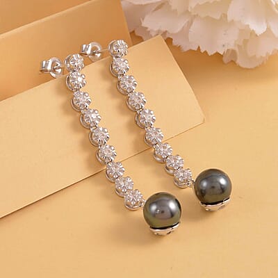 Tahitian Cultured Pearl Drop Earrings, White Zircon Accent Earrings, Rhodium Over Sterling Silver Earrings, Pearl Earrings, Pearl Jewelry For Her  0.90 ctw