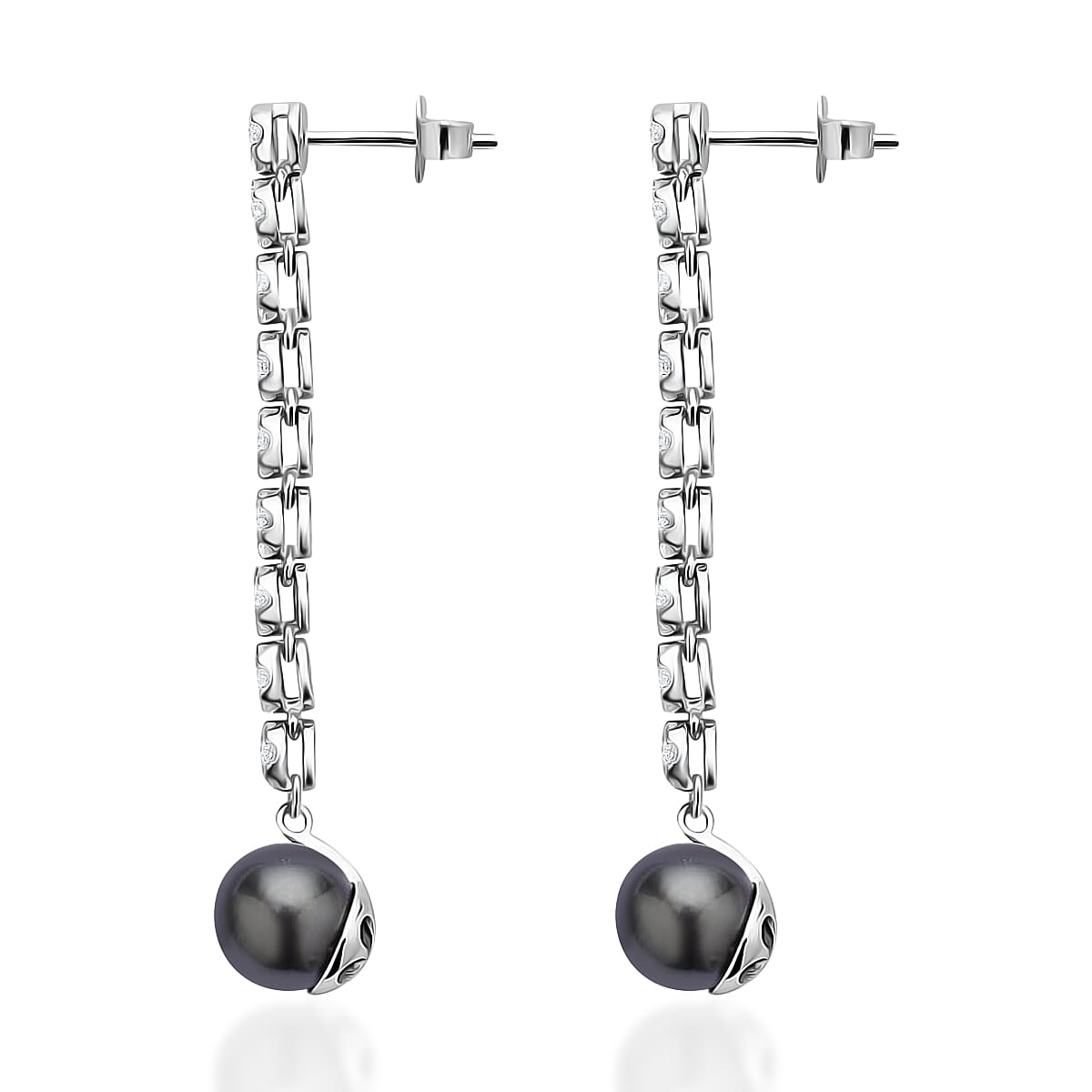 Tahitian Cultured Pearl 8-9mm and Natural White Zircon Earrings in Rhodium Over Sterling Silver 0.90 ctw image number 3