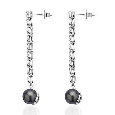 Tahitian Cultured Pearl Drop Earrings, White Zircon Accent Earrings, Rhodium Over Sterling Silver Earrings, Pearl Earrings, Pearl Jewelry For Her  0.90 ctw