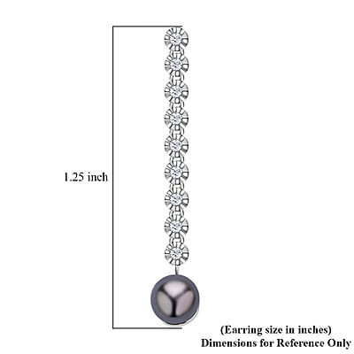 Tahitian Cultured Pearl Drop Earrings, White Zircon Accent Earrings, Rhodium Over Sterling Silver Earrings, Pearl Earrings, Pearl Jewelry For Her  0.90 ctw