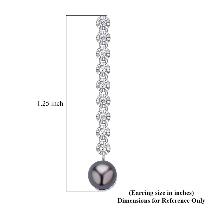 Tahitian Cultured Pearl Drop Earrings, White Zircon Accent Earrings, Rhodium Over Sterling Silver Earrings, Pearl Earrings, Pearl Jewelry For Her  0.90 ctw