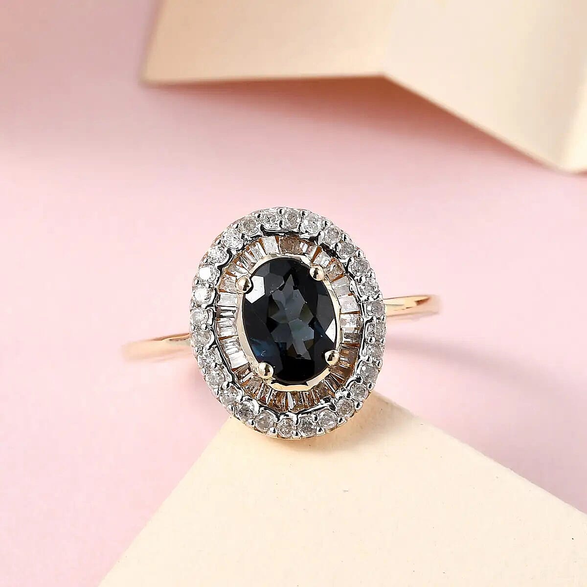 LUXORO 10K Yellow Gold Premium Monte Belo Indicolite and G-H I3 Diamond Double Halo Ring (Size 8.0) 1.10 ctw image number 1