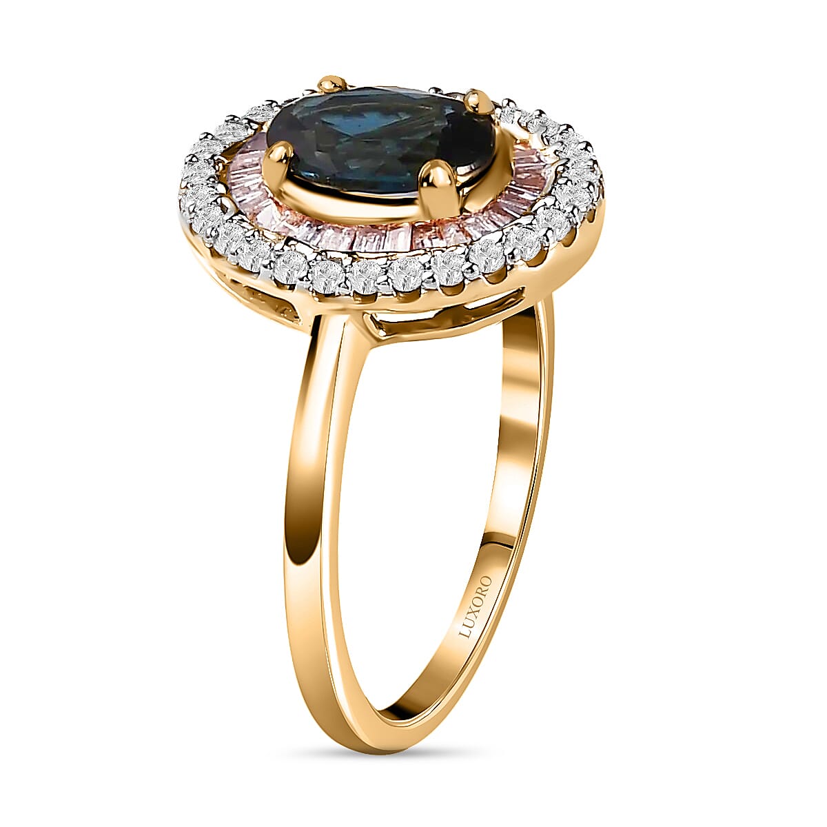 LUXORO 10K Yellow Gold Premium Monte Belo Indicolite and G-H I3 Diamond Double Halo Ring (Size 8.0) 1.10 ctw image number 3