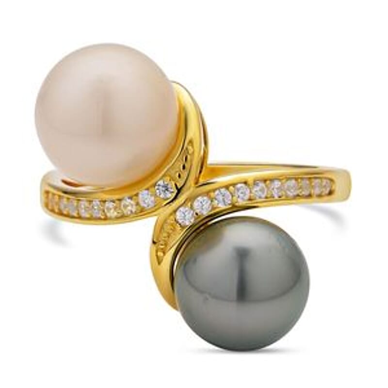 Tahitian Pearl and White South Sea Pearl and White Zircon 10.53 ctw Fancy Ring in Vermeil Yellow Gold Over Sterling Silver (Size 5.5)