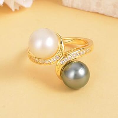 Tahitian Pearl and White South Sea Pearl and White Zircon 10.53 ctw Fancy Ring in Vermeil Yellow Gold Over Sterling Silver (Size 5.5)