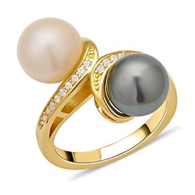 Tahitian Pearl and White South Sea Pearl and White Zircon 10.53 ctw Fancy Ring in Vermeil Yellow Gold Over Sterling Silver (Size 5.5)
