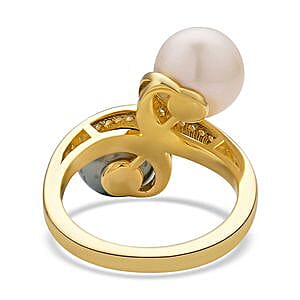 Tahitian Pearl and White South Sea Pearl and White Zircon 10.53 ctw Fancy Ring in Vermeil Yellow Gold Over Sterling Silver (Size 5.5)