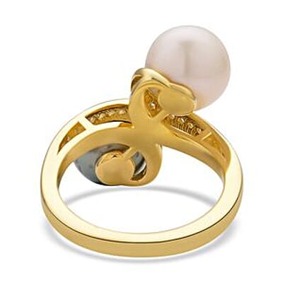 Tahitian Pearl and White South Sea Pearl and White Zircon 10.53 ctw Fancy Ring in Vermeil Yellow Gold Over Sterling Silver (Size 5.5)