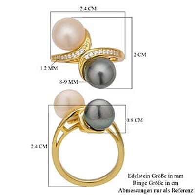 Tahitian Pearl and White South Sea Pearl and White Zircon 10.53 ctw Fancy Ring in Vermeil Yellow Gold Over Sterling Silver (Size 5.5)