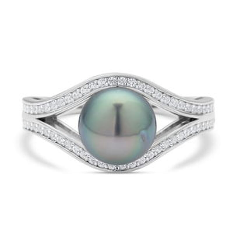 Tahitian Pearl and White Zircon 7.18 ctw Fancy Ring in Rhodium Over Sterling Silver (Size 10)