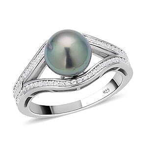 Tahitian Pearl and White Zircon 7.18 ctw Fancy Ring in Rhodium Over Sterling Silver (Size 10)