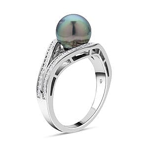 Tahitian Pearl and White Zircon 7.18 ctw Fancy Ring in Rhodium Over Sterling Silver (Size 10)