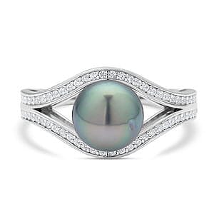 Tahitian Pearl and White Zircon 7.18 ctw Fancy Ring in Rhodium Over Sterling Silver (Size 11.5)