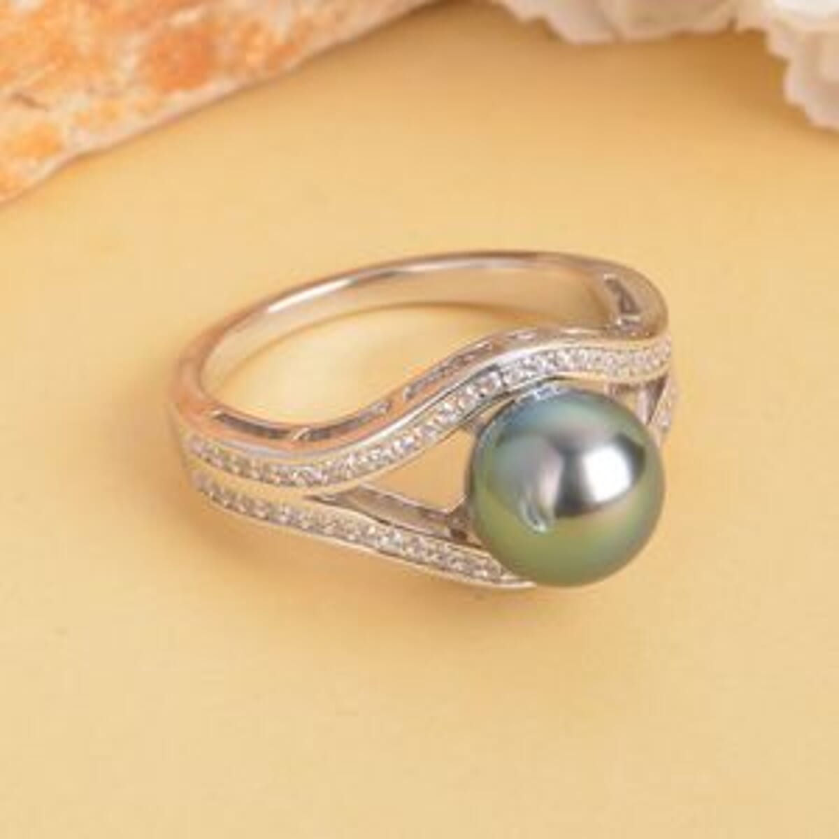 Tahitian Pearl and White Zircon 7.18 ctw Fancy Ring in Rhodium Over Sterling Silver (Size 11.5) image number 1