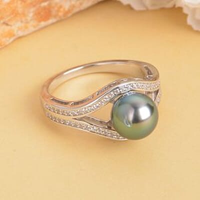 Tahitian Pearl and White Zircon 7.18 ctw Fancy Ring in Rhodium Over Sterling Silver (Size 11.5)