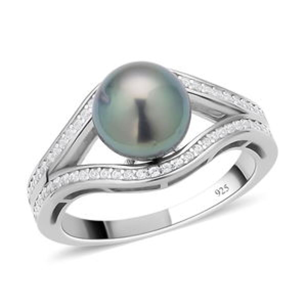 Tahitian Pearl and White Zircon 7.18 ctw Fancy Ring in Rhodium Over Sterling Silver (Size 11.5) image number 3