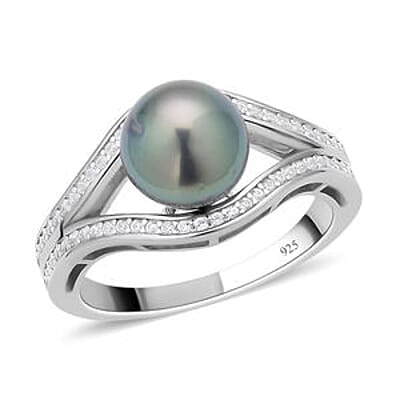 Tahitian Pearl and White Zircon 7.18 ctw Fancy Ring in Rhodium Over Sterling Silver (Size 11.5)
