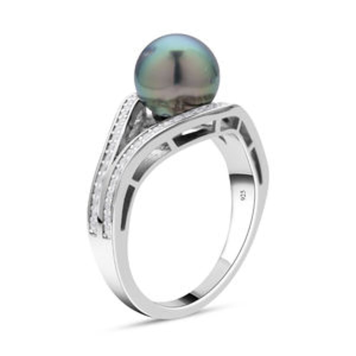 Tahitian Pearl and White Zircon 7.18 ctw Fancy Ring in Rhodium Over Sterling Silver (Size 11.5) image number 4