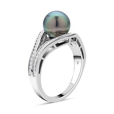 Tahitian Pearl and White Zircon 7.18 ctw Fancy Ring in Rhodium Over Sterling Silver (Size 11.5)