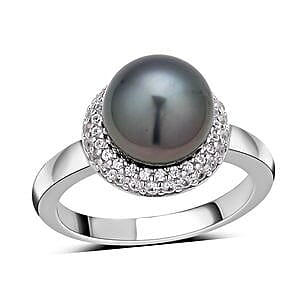 Tahitian Pearl and White Zircon 6.92 ctw Fancy Ring in Rhodium Over Sterling Silver (Size 11.5)