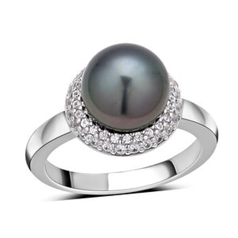 Tahitian Pearl and White Zircon 6.92 ctw Fancy Ring in Rhodium Over Sterling Silver (Size 11.5)