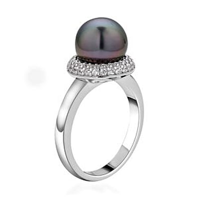 Tahitian Pearl and White Zircon 6.92 ctw Fancy Ring in Rhodium Over Sterling Silver (Size 11.5)