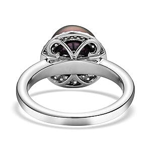 Tahitian Pearl and White Zircon 6.92 ctw Fancy Ring in Rhodium Over Sterling Silver (Size 11.5)