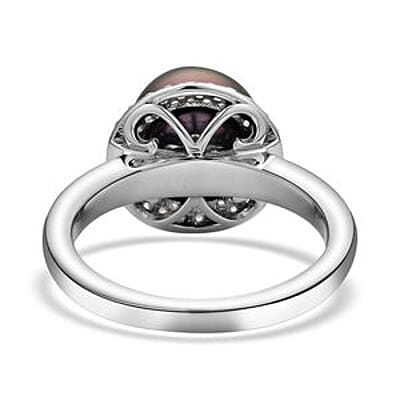 Tahitian Pearl and White Zircon 6.92 ctw Fancy Ring in Rhodium Over Sterling Silver (Size 11.5)
