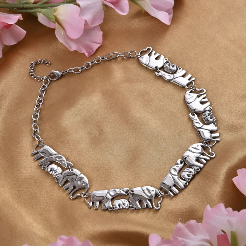 Elephant Family Necklace (18-20 Inches) in Stainless Steel (51 g) , Tarnish-Free, Waterproof, Sweat Proof Jewelry