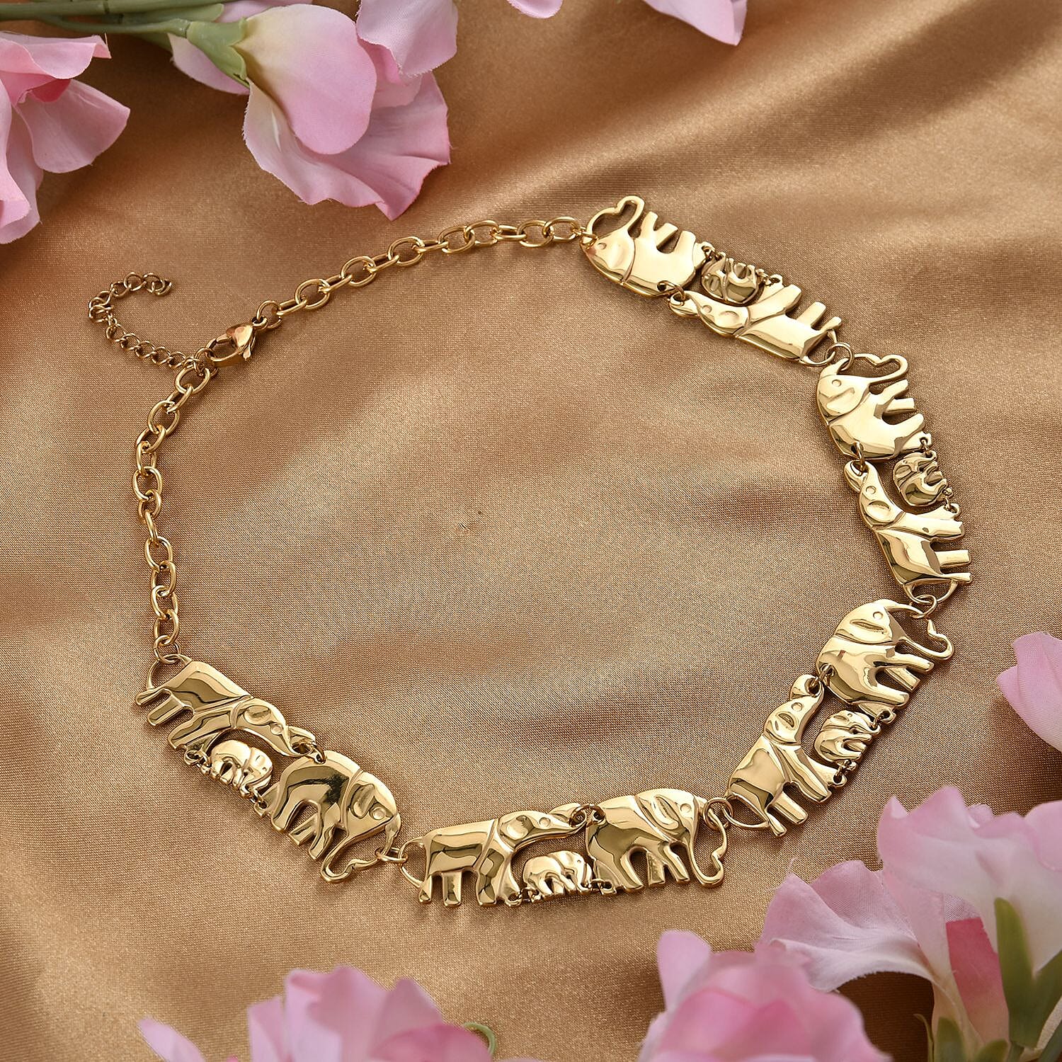 Elephant Family Necklace (18-20 Inches) in ION Plated YG Stainless Steel (51 g) | Tarnish-Free, Waterproof, Sweat Proof Jewelry