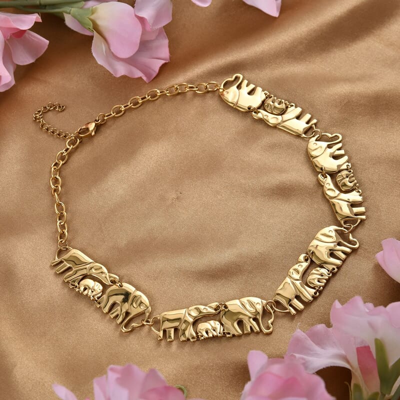 Elephant Family Necklace (18-20 Inches) in ION Plated YG Stainless Steel (51 g) | Tarnish-Free, Waterproof, Sweat Proof Jewelry