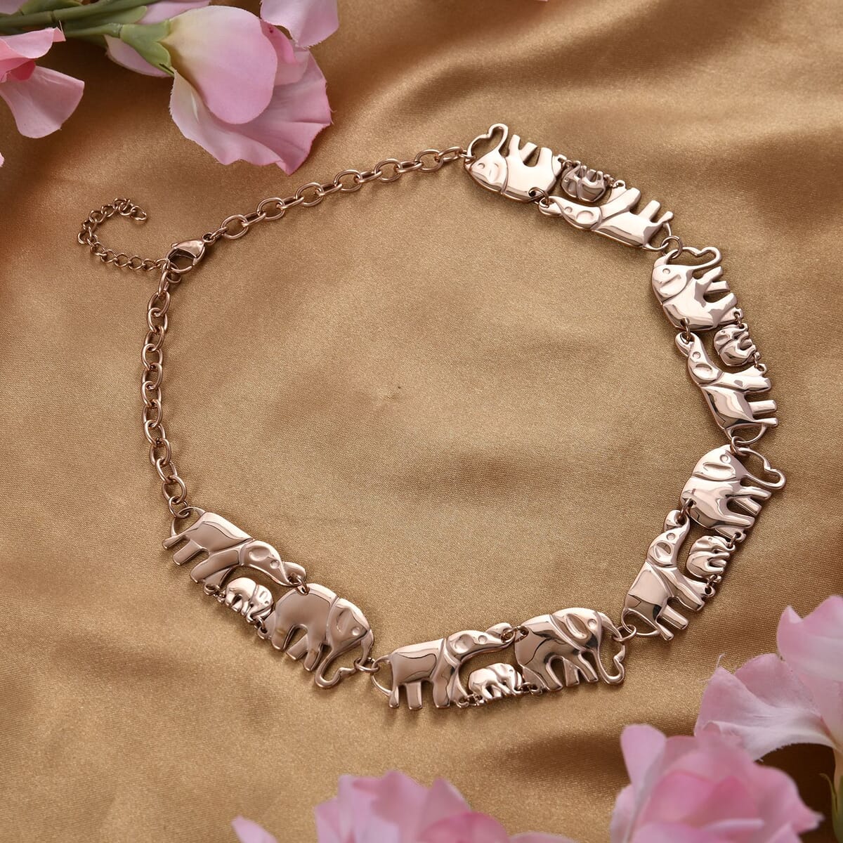 Elephant Family Necklace (18-20 Inches) in ION Plated RG Stainless Steel (51 g) , Tarnish-Free, Waterproof, Sweat Proof Jewelry image number 1